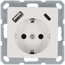 Розетка Schuko с USB A+C с защитными шторками 16A 250V~ 2P+T USB 25W, цвет белый глянцевый