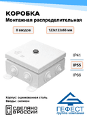 Коробка монтажная распределительная Гефест КМ-1212, 123х123х66, 8 вводов, IP55, без DIN-рейки, металлическая