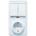 БЭЛЛА Блок БКВР-210 Выключатель двухклавишный с подсветкой + розетка с заземлением со шторками белый Кунцево