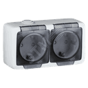 Alfa Розетка двухместная, с пылевлагозащитой, со шторками, с заземляющими контактами, открытой установки, слоновая кость