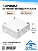Коробка монтажная распределительная Гефест КМ-1515, 150х150х66, 8 вводов, IP55, металлическая, с DIN-рейкой
