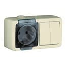 Alfa Блок с пылевлагозащитой, розетка одноместная, с заземляющими контактами, выключатель двухклавишный, слоновая кость HEGEL