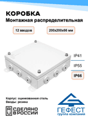 Коробка монтажная распределительная Гефест КМ(Р)-2020, 200х200х66, 12 вводов, IP66, с DIN рейкой, металлическая