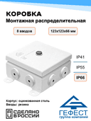 Коробка монтажная распределительная Гефест КМ(Р)-1212, 123х123х66, 8 вводов, IP66, без DIN рейки, металлическая