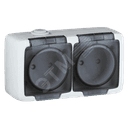 Alfa Розетка двухместная, с пылевлагозащитой, со шторками, открытой установки, белый