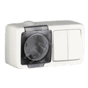 Alfa Блок с пылевлагозащитой, розетка одноместная, со шторками, с заземляющими контактами, выключатель двухклавишный, белый