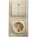 Блок: розетка с заземлением со шторками + выключатель двухклавишный с подсветкой бежевый