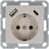 Розетка Shuko 16А с заземл. защ. шторки с 2-мя заряд. устройствами USB тип A+C 25Вт механизм тауп Jasmart G5501USB-25T