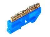 Шина N ноль на изоляторе DIN синий 6х9мм 10 групп латунь NDIN6910 blue