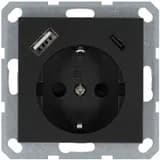 Розетка Shuko 16А с заземл. защ. шторки с 2-мя заряд. устройствами USB тип A+C 25Вт механизм антрацит Jasmart G5501USB-25B