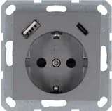 Розетка Shuko 16А с заземл. защ. шторки с 2-мя заряд. устройствами USB тип A+C 25Вт механизм алюм. Jasmart G5501USB-25S