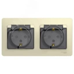 Розетка GLOSSA двойная с заземлением со шторками в сборе IP44 бежевый