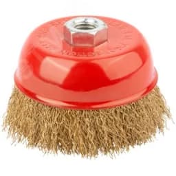 Кордщетка чашечная, гайка М14, стальная латунированная волнистая проволока 100 мм