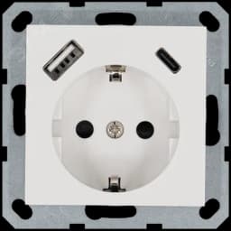 Розетка Schuko с USB A+C с защитными шторками 16A 250V~ 2P+T USB 25W, цвет белый глянцевый