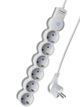 Удлинитель 6х5м с заземл. IP20 с выкл. 10А 2200Вт 220В защ. шторки ПВС 3х1 бел. КОСМОС YKsm5m-6g-Z-V10A-W