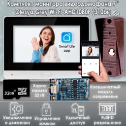Комплект видеодомофона Olesya Wi-Fi AHD1080P Full HD (310br), серый + Модуль сопряжения "МСК Слим"+ Карта памяти