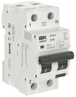 Выключатель автоматический дифференциального тока 2п (1P+NP) B 16 30мА тип A АВДТ B10N 36мм ARMAT IEK AR-B10N-1N-B016A030