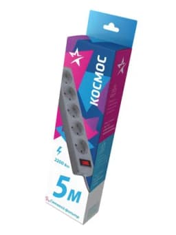 Удлинитель с сетевым фильтром 5х5м с заземл. 10А IP20 2.2кВт ПВС 3х0.75 с выкл. с индикатором сети сер. КОСМОС FKsm5m-5g(G)