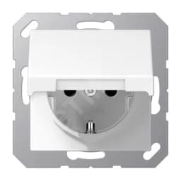 Штепсельная розетка SCHUKO одинарная, с заземлением, с крышкой, с шторками, 16A, 250В (механизм + накладка, без рамки). Серия A500 Материал- термопласт Цвет- белый