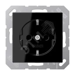 Штепсельная розетка SCHUKO одинарная, с заземлением, с шторками, 16A, 250В (механизм + накладка, без рамки). Серия A500 Материал- термопласт Цвет- черный