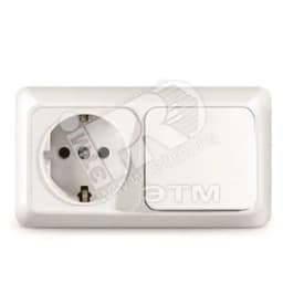 Блок выключатель одноклавишный + розетка с заземлением Олимп горизонтальный белый