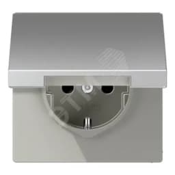 Штепсельная розетка SCHUKO одинарная, с заземлением, с шторками, с откидной крышкой, 16A, 250В (механизм + накладка, без рамки). Серия LS990 Материал- металл Цвет- алюминий JUNG