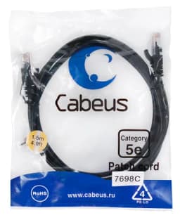 Патч-корд Cabeus PC-UTP-RJ45-Cat.5e-1.5m-BK-LSZH (U/UTP, CAT.5E, LSZH, 1.5 м, черный) (9538c)