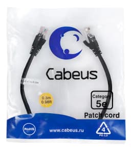 Патч-корд Cabeus PC-UTP-RJ45-Cat.5e-0.3m-BK (U/UTP, CAT.5E, PVC, 0.3 м, черный) (7658c)