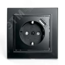 Розетка одноместная с/з с защитной шторкой и с USB, серия Эрна, черный, Stekker