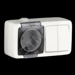 Alfa Блок с пылевлагозащитой, розетка одноместная, со шторками, с заземляющими контактами, выключатель двухклавишный, белый