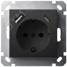 Розетка Schuko с USB A+C с защитными шторками 16A 250V~ 2P+T USB 25W, цвет черный матовый (soft touch)