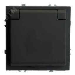 Розетка 1-местная с крышкой с защ. штор с/з, 250В, 16А, серия Эмили,, черный уголь, soft touch