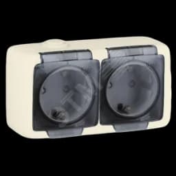 Alfa Розетка двухместная, с пылевлагозащитой, со шторками, с заземляющими контактами, открытой установки, белый