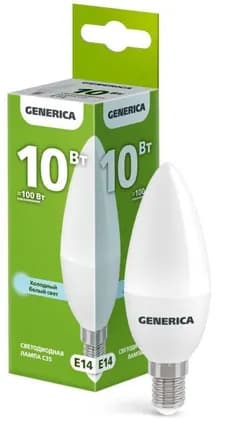 Лампа светодиодная C35 10Вт свеча 6500К E14 230В GENERICA LL-C35-10-230-65-E14-G