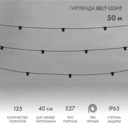 Гирлянда BeltLight 2 жилы 50м шаг 40см 125 патронов E27 IP65 черный круглый провод NEONNIGHT 331241