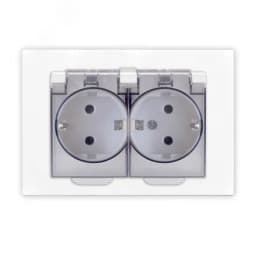 Розетка двухместная UNIVersal серия Афина с/з с прозрачной крышкой, с/у, 16А, 220В, механизм, белая (еврослот)