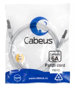 Патч-корд Cabeus PC-SSTP-RJ45-Cat.6a-1m-LSZH (S/FTP, CAT.6A, LSZH, 1 м, серый) (7901c)