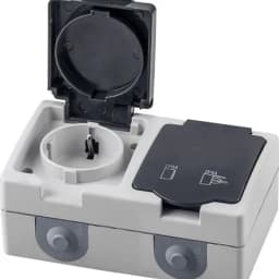 Розетка двухместная STEKKER с заземляющим контактом пластик АВS 250В 16А IP54 серыйграфит 32754