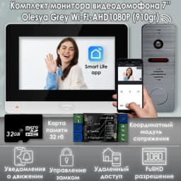 Комплект видеодомофона Olesya Wi-Fi AHD1080P Full HD (910gr), Серый + Модуль сопряжения "Луч-БМ"+ Карта памяти