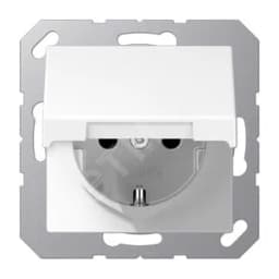 Штепсельная розетка SCHUKO одинарная, с заземлением, с крышкой, с шторками, 16A, 250В (механизм + накладка, без рамки). Серия A500 Материал- дуропласт Цвет- белый