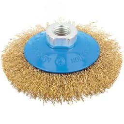 Кордщетка, тип "колесо" с наклоном, гайка М14, стальная волнистая латунированная проволока 100 мм