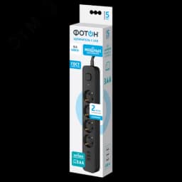 Удлинитель сетевой c USB ФОТОН 16-24ES-USB/A3, 2 м, 4 розетки, 16А,с заземл.,с выкл.,3 USB-A,3,4A,черн.
