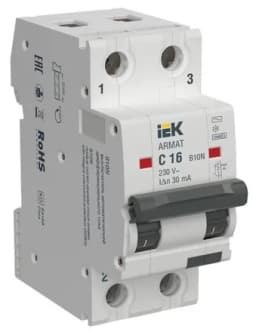 Выключатель автоматический дифференциального тока ARMAT B10N 2P C16 30мА тип AC IEK AR-B10N-2-C016C030