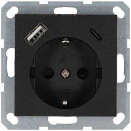 Розетка Shuko 16А с заземл. защ. шторки с 2-мя заряд. устройствами USB тип A+C 25Вт механизм антрацит Jasmart G5501USB-25B