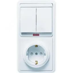 БЭЛЛА Блок БКВР-210 Выключатель двухклавишный с подсветкой + розетка с заземлением со шторками белый Кунцево