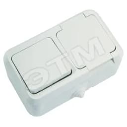 Блок: выключатель одноклавишный + розетка с крышкой белый полугерметичный Makel