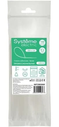 Стяжка кабельная 200х3.6 бел. (уп.100шт) SE IMT20036W