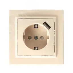 Розетка одноместная с/з с защитной шторкой и с USB, серия Эрна, слоновая кость, Stekker
