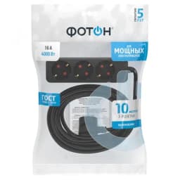 Удлинитель сетевой Фотон 16-103Е, 10м, 3 розетки, 16А, с заземлением,Черный