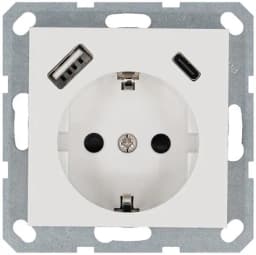 Розетка Shuko 16А с заземл. защ. шторки с 2-мя заряд. устройствами USB тип A+C 25Вт механизм бел. глянцевый Jasmart G5501USB-25W